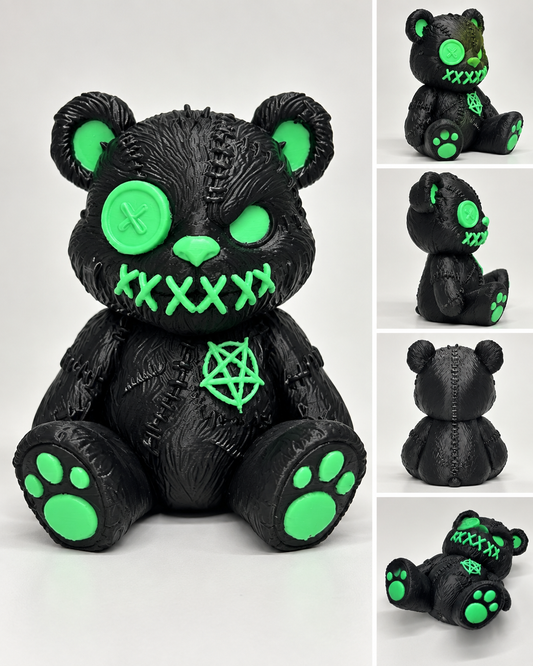 Creepy stitched bear 3D printed figure shown from multiple angles on a clean neutral background