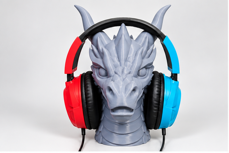 3D printed dragon headphone stand holding a gaming headset, front view