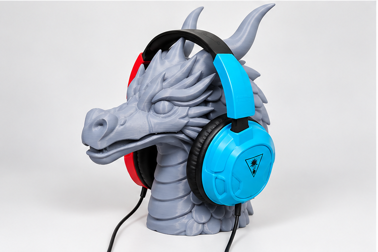 3D printed dragon headphone stand holding a gaming headset, opposite angled view