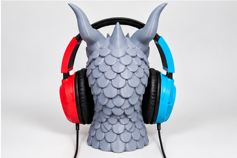 3D printed dragon headphone stand holding a gaming headset, rear view