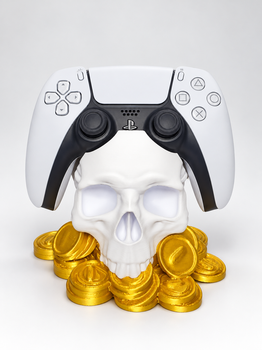 Skull and gold coin PS5 controller holder shown with DualSense controller, controller not included